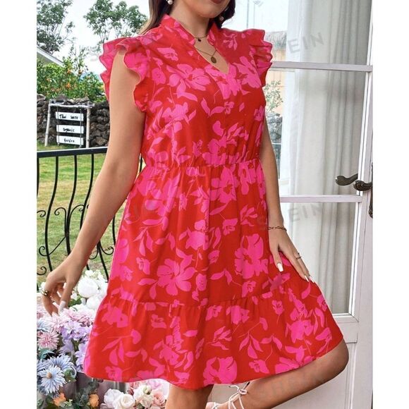 NEW SHEIN VCAY Plus Floral Print Notched Neck Ruffled Hem Sundress 18/3XL PINK - Picture 8 of 11